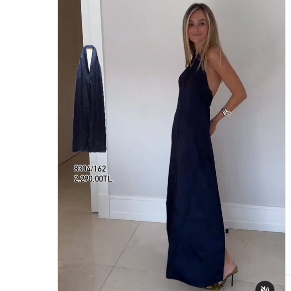 Zara ZW Collection Satin Halter Dress NWT Dark Navy Blogger Size Medium - Picture 2 of 16
